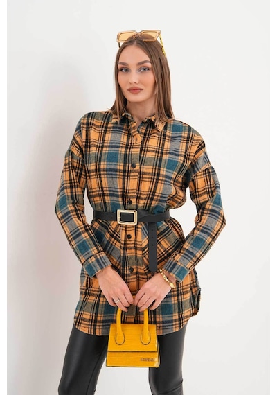 Polologin Butik Kadın Hardal Sarısı Kanguru Cepli Spor Kesim Gömlek Sarı