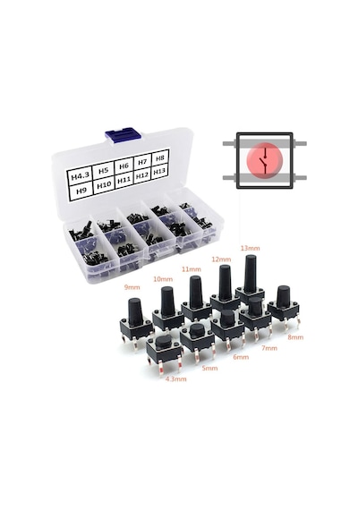 200 Adet 6x6mm Tact Buton Set 10 Farklı Yükseklikte 4 Pin Dokunmatik Anlık Basmalı Düğme Anahtar