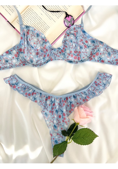 Arinda Butterfly Mavi Tül Çiçek Desenli Balenli Kapsız Fırfırlı Bralette Sütyen Tanga İç Çamaşırı Takımı Alt Üst 2 Parça