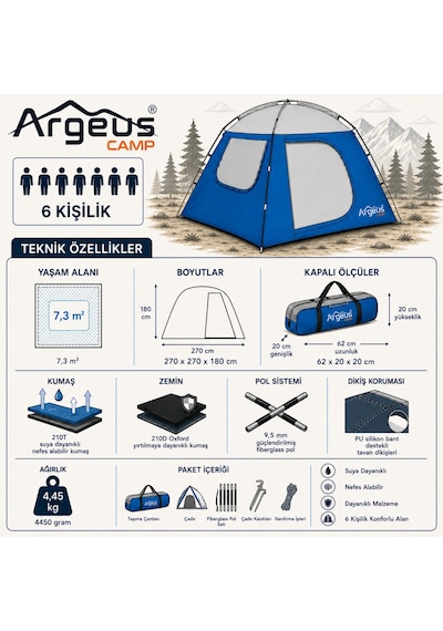 6 Kişilik Gazebo Kamp Gölgeliği - Kamp Çadırı - 270x270x180cm - Argeus Skydome Çok Renkli