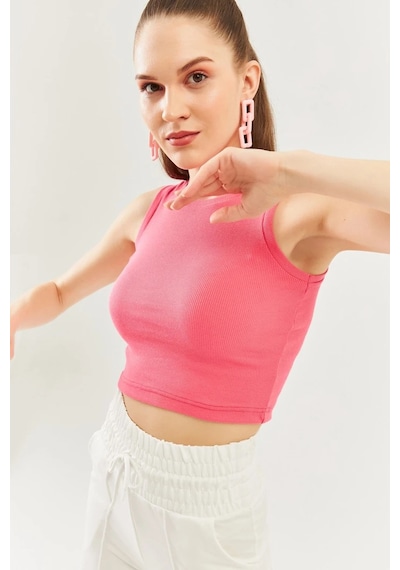 Butikgiz Kadın Sıfır Kol Bisiklet Yaka Vücuda Oturan %100 Pamuklu Kaşkorse Esnek Crop Bluz Pembe