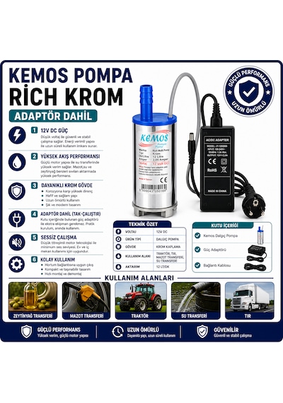 220-12 Volt Rich Krom Dalgıç Adaptörlü Mazot Aktarma Sıvı Transfer Pompası