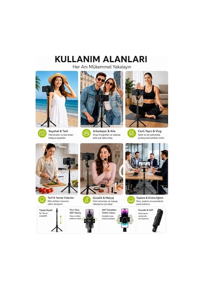 Bluetooth Kumandalı Gimbal Sabitleyici 102cm Selfie Çubuğu Ve Tripod Yatay Ve Dikey Eksenli Işık Takılabilir