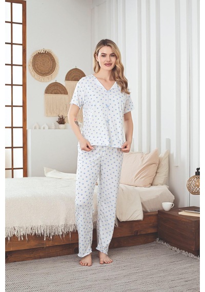 Charme Kadın Kısa Kol Uzun Alt Mavi Çiçek Desenli Romantk Pijama
