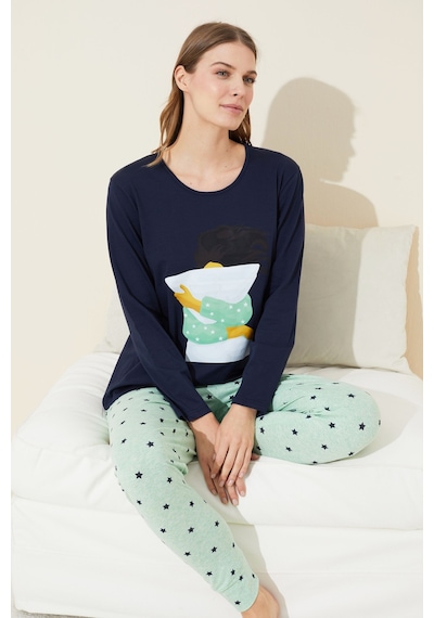Siyah İnci Pamuklu Örme Pijama Takım 24240130 Lacivert