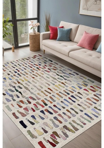 Selone Modern Desenli Şönil Pamuk Tabanlı Yıkanabilir Kaymaz Antibakteriyel Yuvarlak Salon Halısı 160x160 Çok Renkli