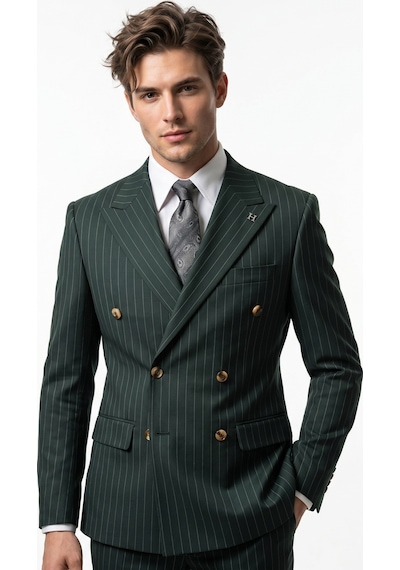 Hermose Sartorial Zümrüt Yeşili Çizgili Kruvaze Takım Elbise Yeşil