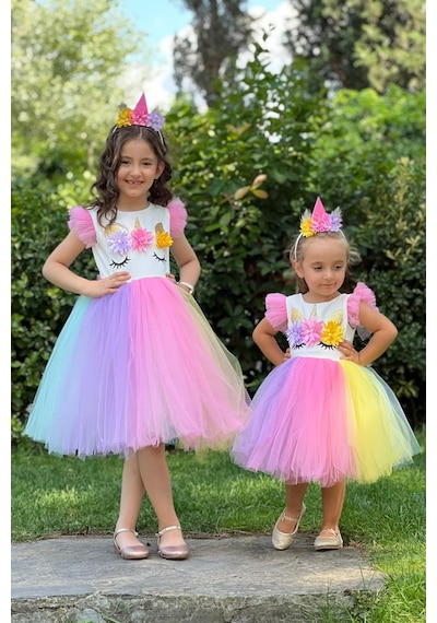 Turuncu Gardrop Unicorn Renkli Tütülü Taç Dahil Elbise Çok Renkli