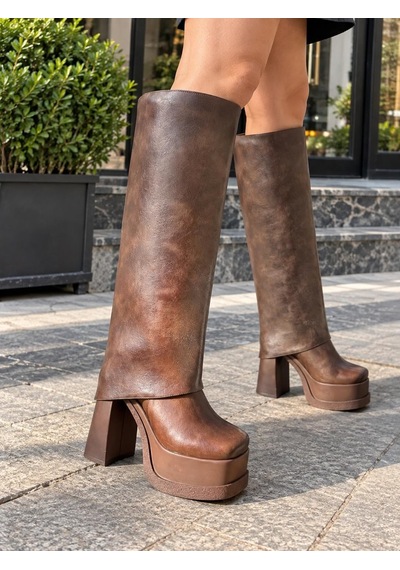 Asmi Shoes Kadın Estiva Kahverengi Platform Topuklu 12 Cm Tak Çıkar Bot Çizme