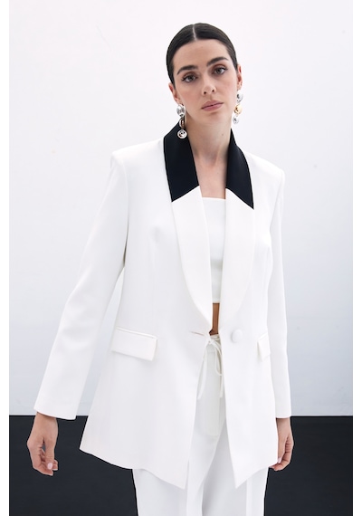 Sateen Kontrast Uzun Ceket - Ekru-135801 Ekru