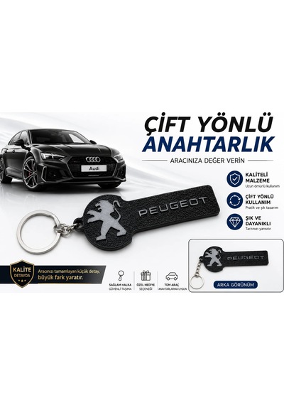 Peugeot Anahtarlık , Peugeot Logolu Çift Yönlü Araç Anahtarlık - Hediyelik Peugeot Araba Anahtarlığı