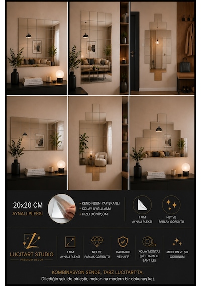 Dekoratif Kare Pleksi Ayna - 8 Adet 20x20 Cm Kendinden Yapışkanlı, Akrilik Ayna Modern Duvar Dekoru Duvar Dekorasyon Ürünü Gümüş Gümüş