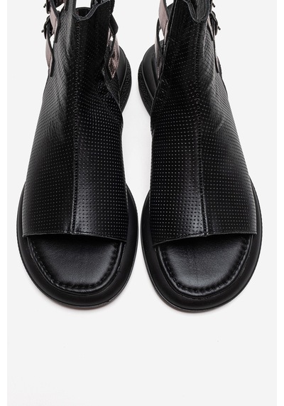 Luvishoes Carına Siyah Cilt Hakiki Deri Yandan Fermuarlı Kadın Sandalet