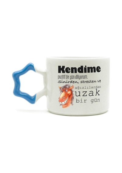 Kendime Pozitif Bir Gün Diliyorum Baskılı Mavi Kulplu Yıldız Kupa