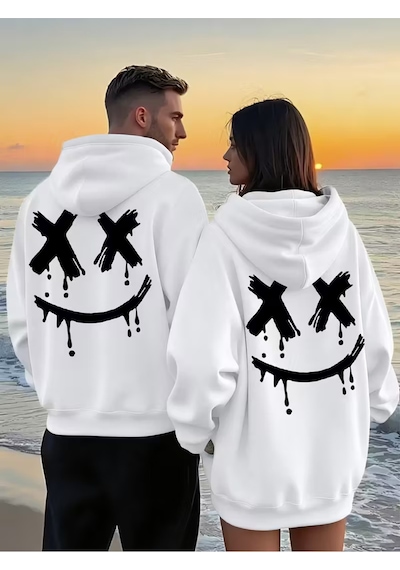 Nevermind Sevgili Çift Kombin Gülümseme Baskılı Renk Kapüşonlu Sweatshirt 2li Set Takım 3 İplik Pamu Beyaz
