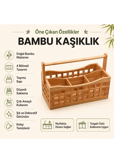 Bambu 4 Bölmeli Kaşıklık, Taşıma Saplı Mutfak Tezgah Üstü Organizer Diğer