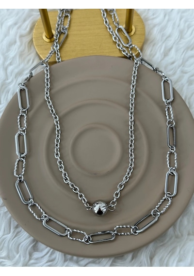 Premium Gümüş Renk Parlak Ve Şık Çift Katlı Modern Top Zincir 316l Çelik Kadın Kolye 45cm