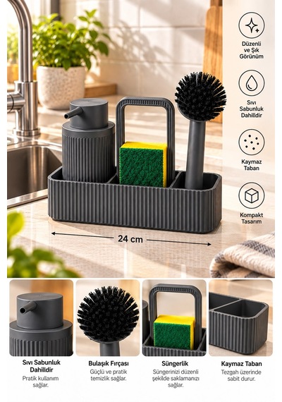 Antrasit Mutfak Lavabo Üstü Organizer Seti 24 Cm Deterjanlık Süngerlik Bulaşık Fırçalık Tezgah Düzenleyici