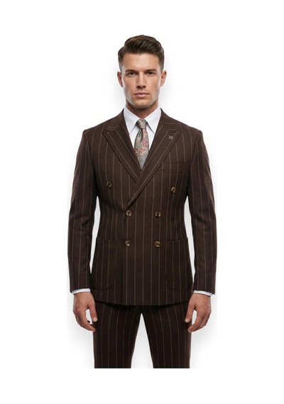 Hermose Sartorial Kahverengi Çizgili Kruvaze Takım Elbise