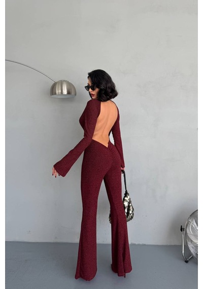 Neşeli Butik Kadın Bordo Dekolteli Novel Sim Maxi Tulum Nbdf118