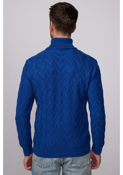 Tudors Slim Fit Dar Kesim Tam Balıkçı Yaka Desenli Lacivert Erkek Triko Kazak-28664 Lacivert