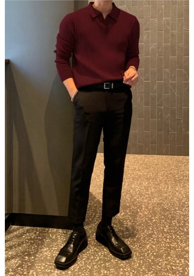 Cool Tarz Erkek Polo Yaka Triko Kazak Slim Fit Fitilli Bordo
