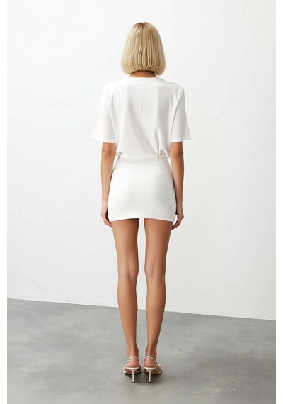 Benerly Kadın Mini Bodycon Kısa Kollu Bisiklet Yaka Esnek Örme Elbise Las Beyaz