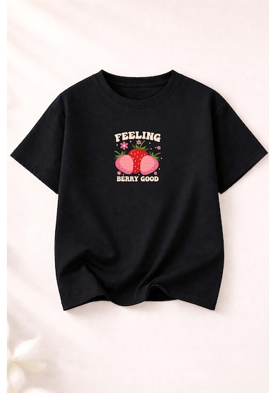 Herkesemoda Feelıng Baskı Detaylı Kadın Bisiklet Yaka Pamuklu T-shirt Siyah