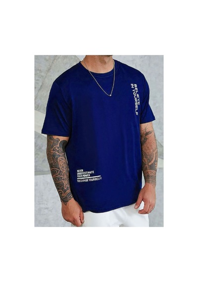 Medinenur Unisex Believe Baskılı Bisiklet Yaka Tshirt Mavi
