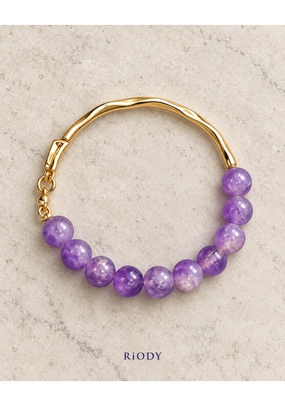Riody Onde Violette Mor Yuvarlak Boncuklu Gold Renkli Dalgalı Metal Detaylı Zarif Kadın Bileklik Açık Mor