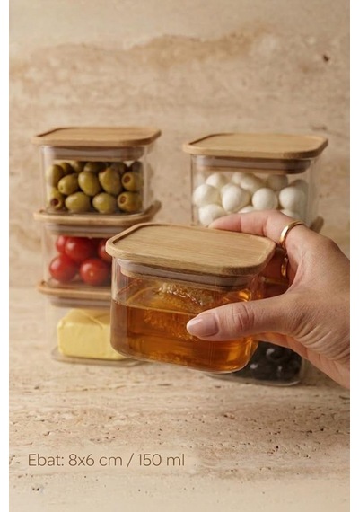 Bambu Kapaklı Borosilikat Cam Saklama Kabı 6'lı 150 Ml - Kahvaltılık Sosluk Ve Düzenleyici Şeffaf