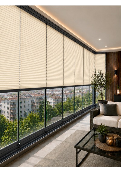 Plise Perde Krem Kumaş + Antrasit Profil Kasa Cam Balkon Perdesi