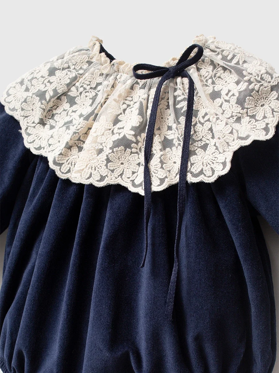 Momercy Kız Bebek Kadife Tulum Romper Bandana Çorap Ayakkabı Kutulu Hediyelik 4lü Set Lacivert