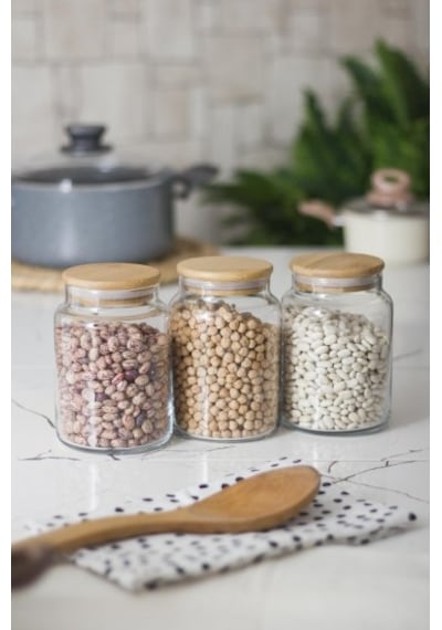 3 Lü Set Bambu Kapaklı Cam Kavanoz & Erzak Saklama Kabı 800 Ml Orta Boy Vakum Kapak Diğer