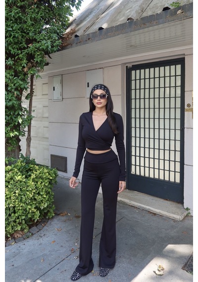 Kechi Woman Kruvaze Yaka Uzun Kollu Crop Bluz Siyah