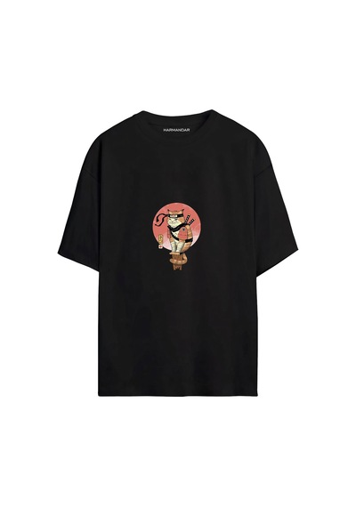 Shinobi Ninja Kedi Baskılı Unisex Siyah Oversize T-shirt SIYAH