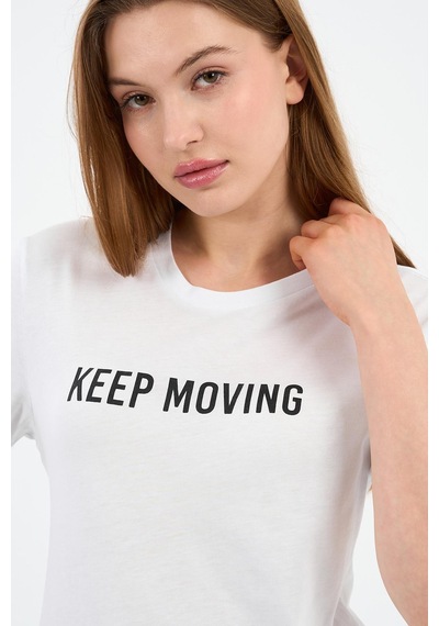 Baskılı Bisiklet Yaka Pamuklu T-shirt Beyaz