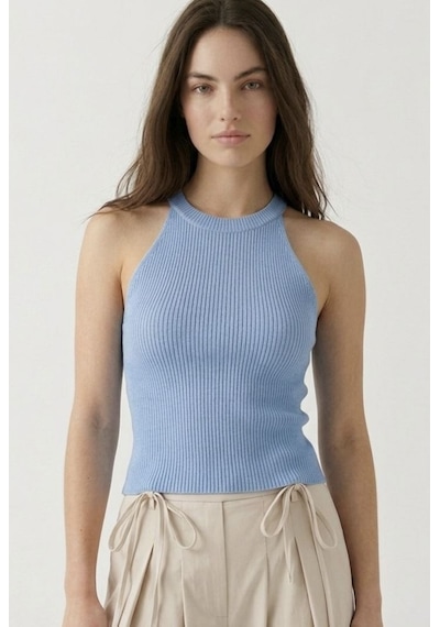 Neden Tekstil Kadın Fitilli Halter Yaka Crop Bluz - Mavi