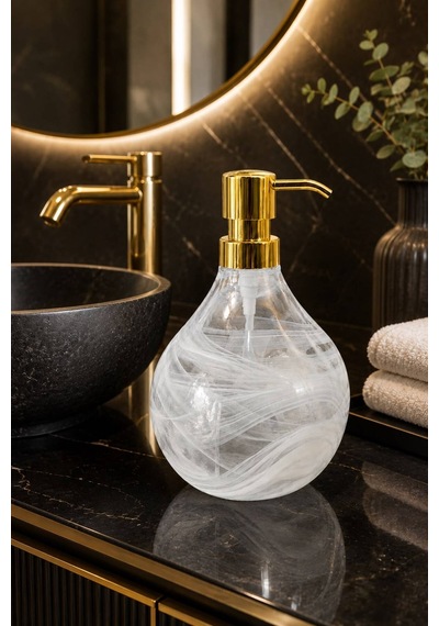 Buççin Online Mağaza Celina Cam Sabunluk Beyaz Alabaster Modern Lüks Banyo Aksesuarı Dekoratif Sıvı Sabunluk Sabun Çok Renkli