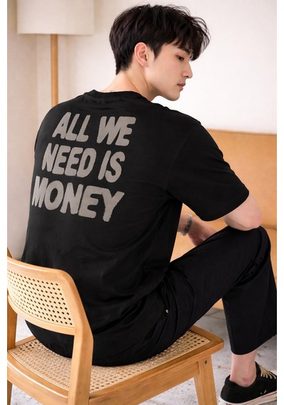 Tarz Cool Erkek Oversize Tişört Baskılı All We Need Is Money Yazılı Basic Streetwear T-shirt Siyah