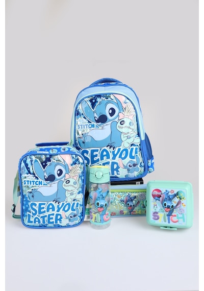 X Dekomus Lisanslı Stitch "ıconic Blue Collection" Okul, Termoslu Beslenme Ve Kalem Çantası, 500 Ml Matara Ve Beslenme Kabı Seti Altın