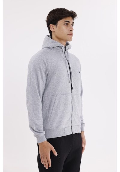 Rowinger Raglan Kol Tam Fermuarlı Kordonlu Kapüşon Kanguru Cepli Süper Koton Rahat Kalıp Kapüşonlu Sweatshirt Grey