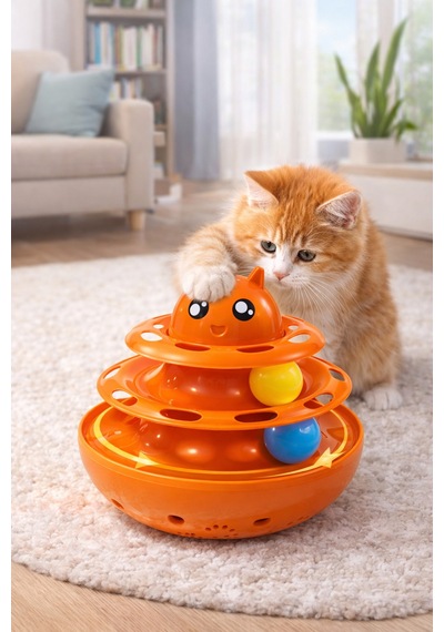 Hacıyatmaz Kedi Oyuncağı 3 Katlı Toplu Zeka Oyuncağı 20x21 Cm Devrilmez Interaktif Mama Oyuncağı