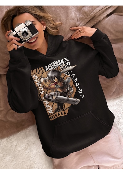 Sevbano Mikasa Ackerman Attack On Titan Baskılı Unisex Oversize Anime Kar Siyah