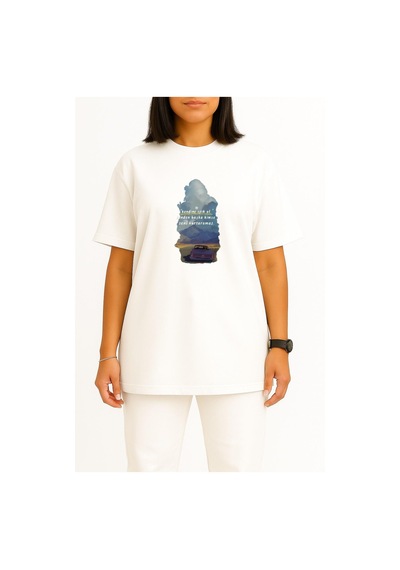 Bahriyeli Collection Oversize Senden Başka Kimse Seni Kurtaramaz Göğüs Tasarımlı Unisex T-shirt Beyaz