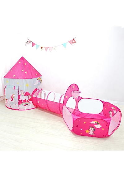 Unicorn Çocuk Oyun Çadırı, 3'ü Bir Arada, Top Havuzu, Oyun Çadırı, Oyun Tüneli - Top Havuzlu Çadır Açık Pembe