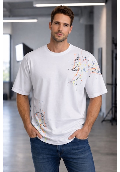 Tarz Cool Erkek Oversize Baskılı Tişört Renkli Boya Desenli Modern Streetwear Beyaz