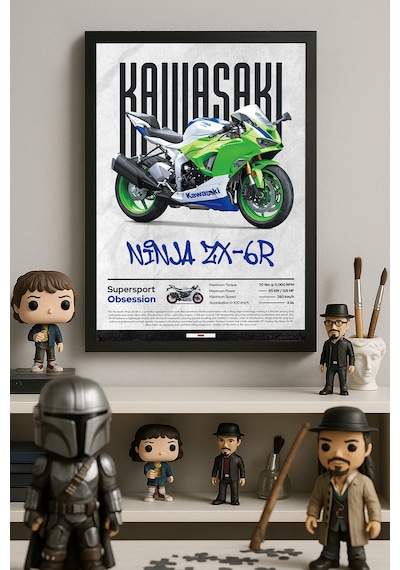 Kawasaki Ninja Zx-6 R Siyah Ahşap Çerçeveli Poster, Dekoratif Motosiklet Duvar Tablosu