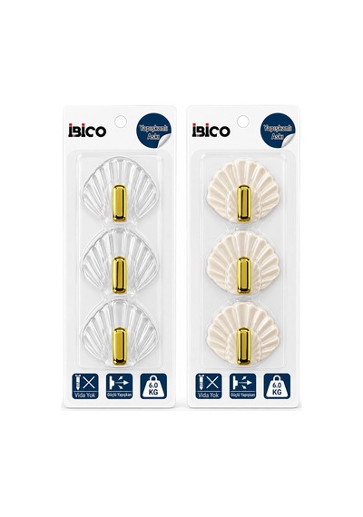İbico İ17-018 Plastik Askı 3 Adet Tekli Gold Uçlu Deniz Kabuk Yapışkanlı Montaj Beyaz Mika Kristal - 12'li Paket