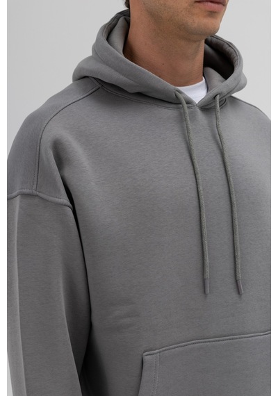 Vamos Basic Oversize Kapüşonlu Sweatshirt Füme